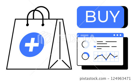 Shopping bag with medical cross, Buy button, and analytics graph dashboard. Ideal for e-commerce, online shopping, medical supplies, digital marketing, data analysis, retail, sales strategy. Line Shopping bag with medical cross, Buy button, and analytics graph dashboard. Ideal for e-commerce, online shopping, medical supplies, digital marketing, data analysis, retail, sales strategy. Line 124963471