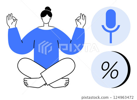 Calm woman sitting cross-legged with hands in zen pose, microphone and percentage symbols in circles. Ideal for mindfulness apps, podcast covers, meditation guides, relaxation content, wellness Calm woman sitting cross-legged with hands in zen pose, microphone and percentage symbols in circles. Ideal for mindfulness apps, podcast covers, meditation guides, relaxation content, wellness 124963472
