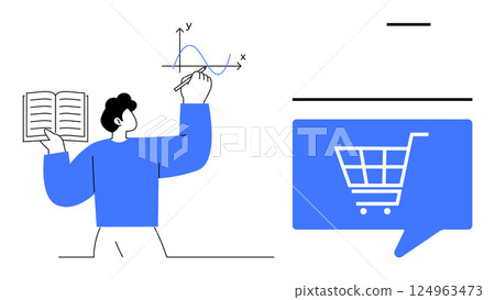 Man holding book, analyzing graph on board, blue speech bubble with shopping cart. Ideal for education, e-learning, online shopping, digital marketing, mathematics, e-commerce training, technology Man holding book, analyzing graph on board, blue speech bubble with shopping cart. Ideal for education, e-learning, online shopping, digital marketing, mathematics, e-commerce training, technology 124963473