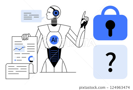 Robot with AI label holding documents and analyzing data. Speech bubble, lock symbol, and question mark. Ideal for artificial intelligence, data analysis, cybersecurity, machine learning, technology Robot with AI label holding documents and analyzing data. Speech bubble, lock symbol, and question mark. Ideal for artificial intelligence, data analysis, cybersecurity, machine learning, technology 124963474