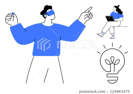 Man experiencing virtual reality, woman sitting with laptop, glowing light bulb. Ideal for technology, innovation, creativity, teamwork, digital solutions, remote work, education themes. Line Man experiencing virtual reality, woman sitting with laptop, glowing light bulb. Ideal for technology, innovation, creativity, teamwork, digital solutions, remote work, education themes. Line 124963475