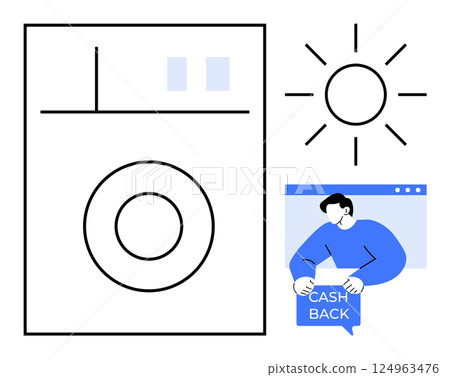 Washing machine, sun symbol, and person holding cashback sign. Ideal for laundry care, sustainable living, cashback offers, eco-friendly products, and energy saving tips. Minimalist clean design Washing machine, sun symbol, and person holding cashback sign. Ideal for laundry care, sustainable living, cashback offers, eco-friendly products, and energy saving tips. Minimalist clean design 124963476