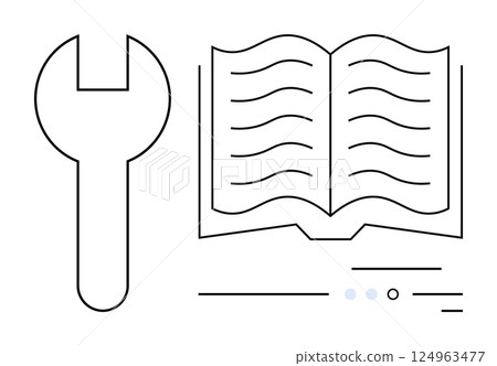 Wrench symbol beside open book with text lines and dot elements. Ideal for user guides, repair manuals, technical support, engineering documentation, instructional material, maintenance instructions Wrench symbol beside open book with text lines and dot elements. Ideal for user guides, repair manuals, technical support, engineering documentation, instructional material, maintenance instructions 124963477