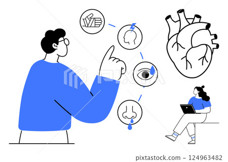 Person pointing at icons representing human senses touch, taste, smell, sight, and hearing. Another individual works on laptop near large heart illustration. Ideal for education, healthcare, anatomy Person pointing at icons representing human senses touch, taste, smell, sight, and hearing. Another individual works on laptop near large heart illustration. Ideal for education, healthcare, anatomy 124963482