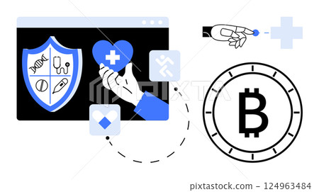 Computer screen with a health shield and heart, robotic hand inserting coin, Bitcoin symbol. Ideal for digital health, blockchain, finance technology, robotics, cryptocurrency, telemedicine. Line 124963484