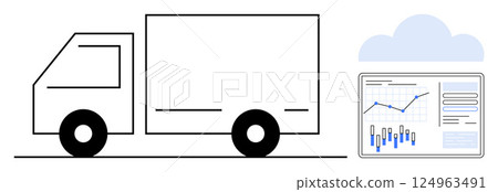 Delivery truck and data analytics dashboard displaying charts, cloud symbol. Ideal for logistics, transportation, supply chain, data analysis, e-commerce, fleet management, business insights. Line 124963491