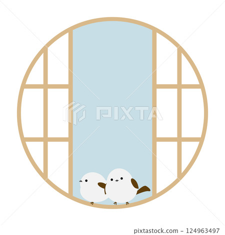 Japanese-style frame of long-tailed tit and round paper door, blue 124963497