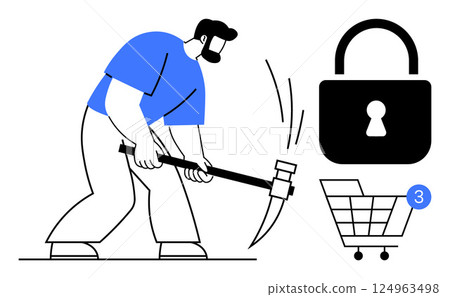 Man trying to hack an online shopping cart using a pickaxe, with a security lock icon emphasizing protection. Ideal for cybersecurity, online shopping, digital security, hacking prevention 124963498
