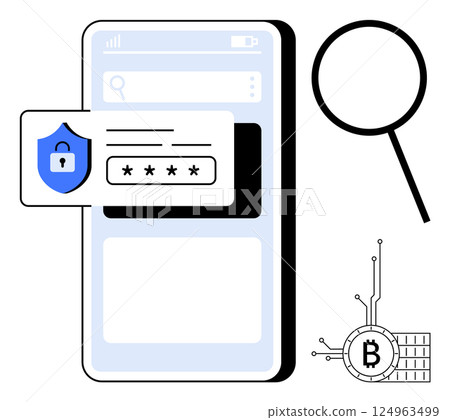 Mobile phone with a security shield showing password input, a magnifying glass symbol, and a digital Bitcoin icon. Ideal for cybersecurity, cryptocurrency, digital wallets, mobile security 124963499