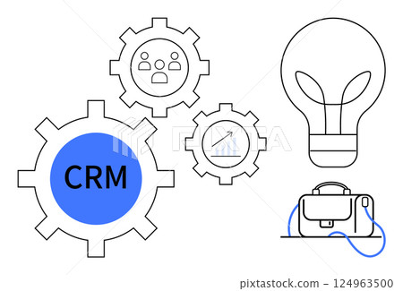 CRM and business development represented by gears with CRM, people, graph icons, light bulb, briefcase. Ideal for business strategy, project management, customer relations, teamwork, innovation 124963500