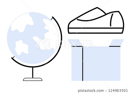 Globe and shoe on an open box representing international trade and global distribution. Ideal for e-commerce, shipping logistics, global business expansion, product supply chain, online marketing 124963501