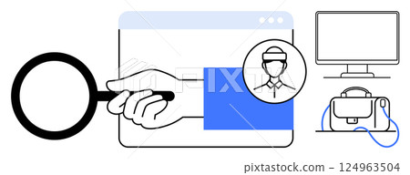Hand holding magnifying glass over a user profile on screen, exploring identity. VR headset and monitor at the side. Ideal for identity verification, user analysis, digital security, technology user 124963504