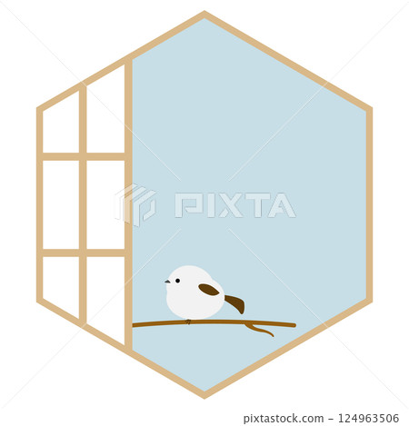 Japanese-style frame of long-tailed tit and hexagonal shoji screen, blue 124963506
