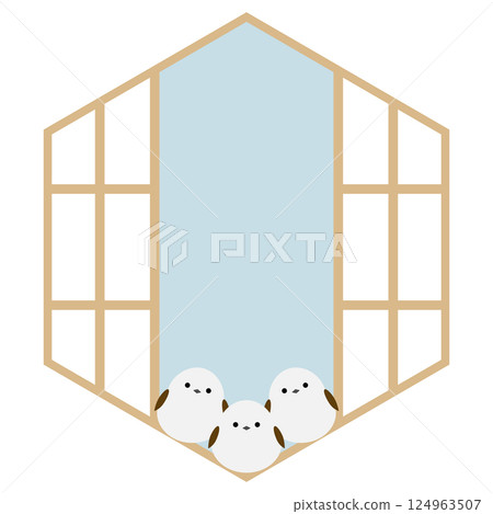 Japanese-style frame of long-tailed tit and hexagonal shoji screen, blue 124963507