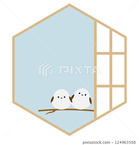 Japanese-style frame of long-tailed tit and hexagonal shoji screen, blue 124963508