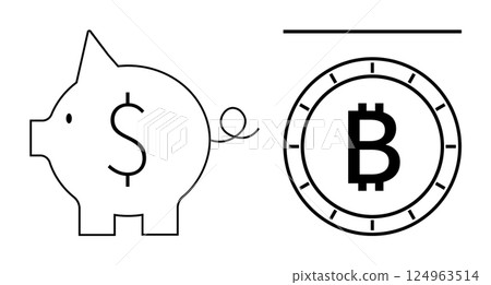 Piggy bank with dollar sign and Bitcoin coin. Ideal for financial literacy, saving money, investing, cryptocurrency, fintech, economic education, budgeting. Line metaphor 124963514