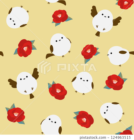Seamless pattern with long-tailed tit and camellia 124963515