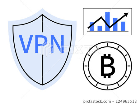 VPN shield with VPN text, Bitcoin coin symbol, and growth chart with upward arrow and bars. Ideal for online security, cryptocurrency trading, data privacy, internet freedom, financial growth 124963518
