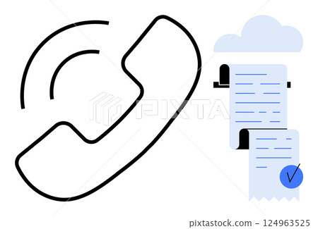 Large phone receiver symbol next to documents emerging from cloud. Ideal for communication, document management, cloud storage, customer service, and digital communication themes. Minimalist modern 124963525