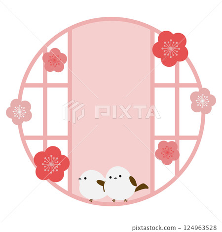 Japanese-style frame of long-tailed tit and round paper door, pink 124963528