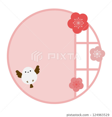 Japanese-style frame of long-tailed tit and round paper door, pink 124963529