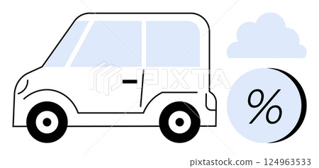 Compact electric car alongside a percentage symbol and cloud. Ideal for environmental campaigns, electric vehicle promotions, sustainable living, modern transportation, climate change advocacy Compact electric car alongside a percentage symbol and cloud. Ideal for environmental campaigns, electric vehicle promotions, sustainable living, modern transportation, climate change advocacy 124963533