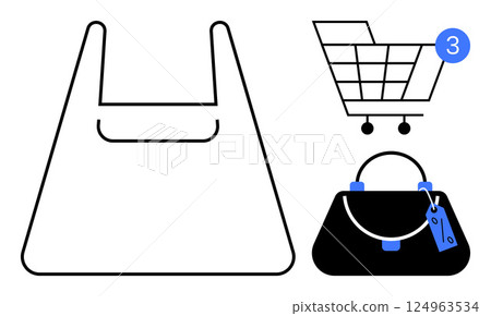 Plastic bag outline, shopping cart with notification badge, handbag with price tag. Ideal for ecommerce, retail, shopping apps, storefronts, promotions, sales, consumer goods. Line metaphor Plastic bag outline, shopping cart with notification badge, handbag with price tag. Ideal for ecommerce, retail, shopping apps, storefronts, promotions, sales, consumer goods. Line metaphor 124963534
