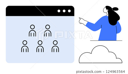 A woman points towards a web browser window displaying user icons. Below is a cloud symbol. Ideal for teamwork, remote work, collaboration, communication, and cloud services. Minimalist, modern A woman points towards a web browser window displaying user icons. Below is a cloud symbol. Ideal for teamwork, remote work, collaboration, communication, and cloud services. Minimalist, modern 124963564
