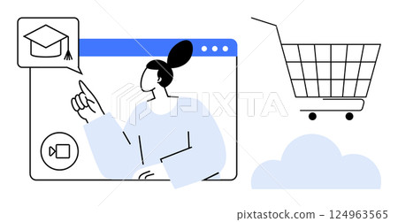 Woman pointing at graduation cap icon on a computer screen, representing online learning. Shopping cart suggests e-commerce. Cloud represents data storage. Ideal for online education, e-commerce Woman pointing at graduation cap icon on a computer screen, representing online learning. Shopping cart suggests e-commerce. Cloud represents data storage. Ideal for online education, e-commerce 124963565