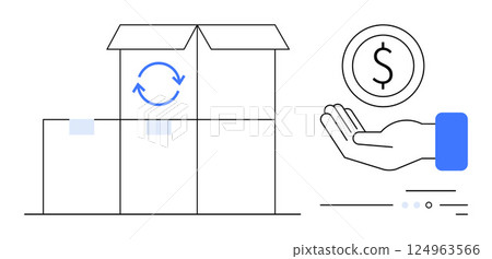 Cardboard box with recycling symbol, hand holding dollar coin, blue highlights. Ideal for shipping services, e-commerce, financial stability, sustainability, online shopping, logistics, retail Cardboard box with recycling symbol, hand holding dollar coin, blue highlights. Ideal for shipping services, e-commerce, financial stability, sustainability, online shopping, logistics, retail 124963566