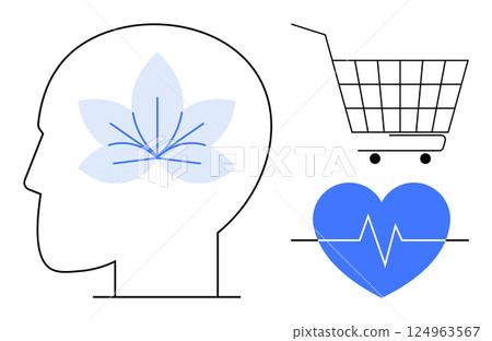 A head with a flower represents mental wellness, a shopping cart signifies consumer behavior, and a heart with a heartbeat line symbolizes health. Ideal for health education, wellness, mindfulness A head with a flower represents mental wellness, a shopping cart signifies consumer behavior, and a heart with a heartbeat line symbolizes health. Ideal for health education, wellness, mindfulness 124963567
