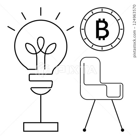 Lightbulb with sprouting plant, Bitcoin coin, and modern office chair line art. Ideal for innovation, cryptocurrency, office decor, startups, tech industry, business trends, productivity themes. Line Lightbulb with sprouting plant, Bitcoin coin, and modern office chair line art. Ideal for innovation, cryptocurrency, office decor, startups, tech industry, business trends, productivity themes. Line 124963570