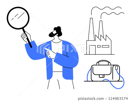 Character holding a magnifying glass examines with curiosity. Nearby are a factory emitting smoke and a briefcase. Ideal for industrial, business analysis, investigation, research, corporate 124963574