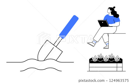 Gardening trowel digging soil. Woman sitting with laptop. Raised plant beds with plants. Ideal for urban gardening, remote work, horticulture, plant care, home gardening, outdoor activities, and tech Gardening trowel digging soil. Woman sitting with laptop. Raised plant beds with plants. Ideal for urban gardening, remote work, horticulture, plant care, home gardening, outdoor activities, and tech 124963575