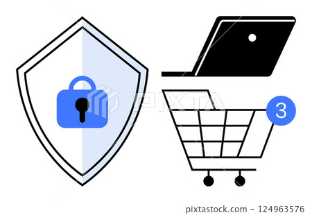 Shield with padlock, laptop, and shopping cart with notification highlight cybersecurity and online shopping. Ideal for digital security, online shopping, e-commerce, internet safety, data Shield with padlock, laptop, and shopping cart with notification highlight cybersecurity and online shopping. Ideal for digital security, online shopping, e-commerce, internet safety, data 124963576