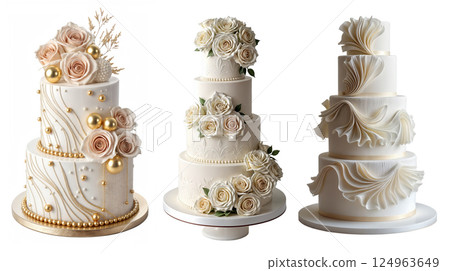 Various soft pink cakes isolated on transparent background. Wedding cake set 124963649