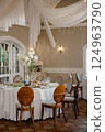 A spacious room with tables and chairs for a wedding reception 124963790