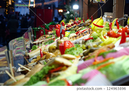 Many food at a street snack bar 124963896