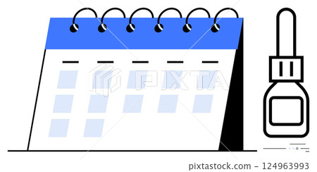Desk calendar with spiral binding alongside a bottle of glue, representing organization and planning. Ideal for organizing schedules, planning events, office tasks, productivity tips, time Desk calendar with spiral binding alongside a bottle of glue, representing organization and planning. Ideal for organizing schedules, planning events, office tasks, productivity tips, time 124963993