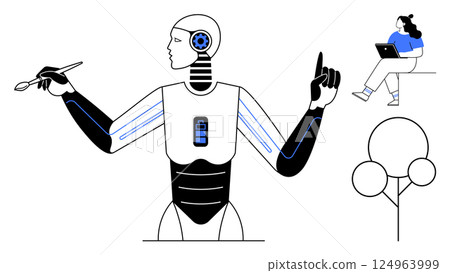 Robot holding paintbrush, battery power indicator on chest, pointing upwards. Woman with laptop near tree. Ideal for technology, artificial intelligence, creativity, robotics, education, innovation Robot holding paintbrush, battery power indicator on chest, pointing upwards. Woman with laptop near tree. Ideal for technology, artificial intelligence, creativity, robotics, education, innovation 124963999