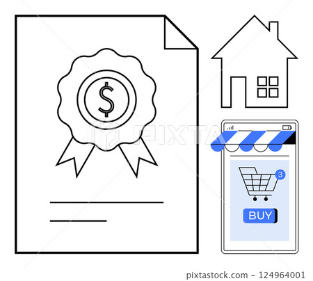 A certificate with a dollar sign and ribbons, a house, and a smartphone with a shopping cart icon. Ideal for online shopping, certifications, real estate, financial transactions, and digital A certificate with a dollar sign and ribbons, a house, and a smartphone with a shopping cart icon. Ideal for online shopping, certifications, real estate, financial transactions, and digital 124964001