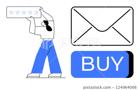 Person holding a 5-star rating sign next to an envelope icon and a buy button. Ideal for e-commerce, customer reviews, email marketing, customer satisfaction, online shopping, digital engagement 124964006