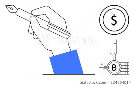 Hand holding a pen next to a Bitcoin symbol and a dollar sign. Ideal for finance, cryptocurrency, digital transactions, business reports, investments. Simple line style Hand holding a pen next to a Bitcoin symbol and a dollar sign. Ideal for finance, cryptocurrency, digital transactions, business reports, investments. Simple line style 124964014