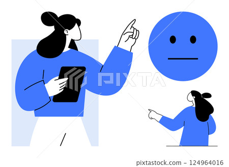 A person holding a tablet and making a pointing gesture, with a blue neutral face emotion in the background. Ideal for education, communication, instructions, technology, digital learning. Minimalist 124964016