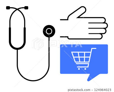 Stethoscope representing healthcare, hand gesture symbolizing interaction, blue speech bubble with shopping cart portraying e-commerce. Ideal for medical services, online shopping, e-commerce Stethoscope representing healthcare, hand gesture symbolizing interaction, blue speech bubble with shopping cart portraying e-commerce. Ideal for medical services, online shopping, e-commerce 124964023