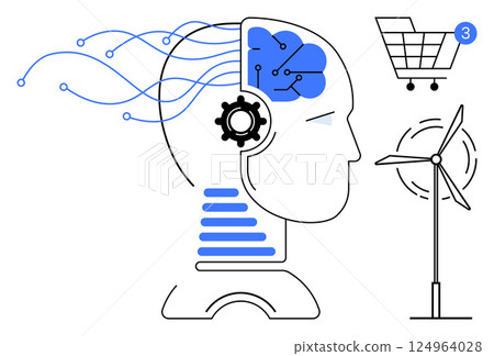 Human head with neural network and gear inside, connected lines representing data flow, shopping cart notification, wind turbine. Ideal for technology, artificial intelligence, innovation 124964028