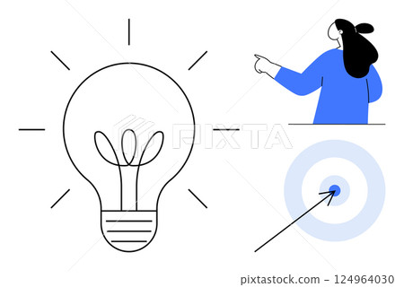 Large light bulb with radiant lines and minimalistic style beside a representation of a person pointing and a target symbol with an arrow in the center. Ideal for creativity, ideas, innovation 124964030