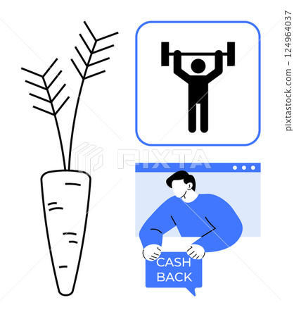 Depicts a carrot, weightlifter icon, and person holding a cashback sign. Ideal for health and fitness, nutrition, financial management, savings, and physical wellness themes. Minimalist and clean 124964037