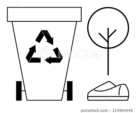 Recycling bin with recycling symbol, minimalist tree, and single shoe. Ideal for sustainability, recycling, environmental awareness, eco-friendly practices, waste management, conservation Recycling bin with recycling symbol, minimalist tree, and single shoe. Ideal for sustainability, recycling, environmental awareness, eco-friendly practices, waste management, conservation 124964046