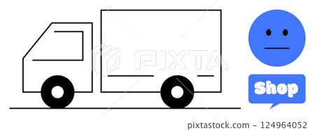 Simple drawing of a delivery truck and a blue face symbol with a neutral expression and shop text in a speech bubble. Ideal for e-commerce, delivery services, consumer feedback, shopping platforms 124964052